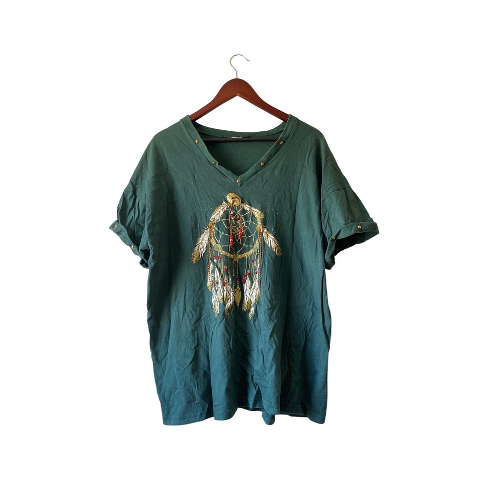Vintage Boho Dreamcatcher Embellished Teal Green V-Neck T-Shirt‎ Studded 2XL